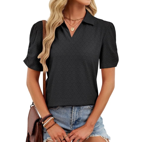 Women Summer-Tops V Neck T Shirts Puff Short Sleeve Lapel Collared Work Blouses Eyelet Tunics Black XL