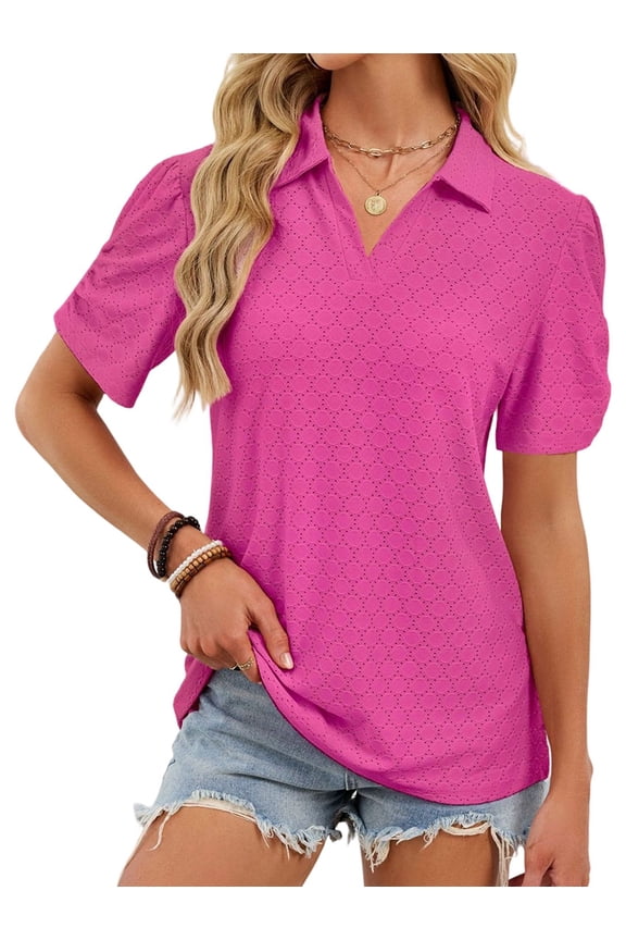 Women Summer-Tops V Neck T Shirts Puff Short Sleeve Lapel Collared Work Blouses Eyelet Tunics Rose Red S