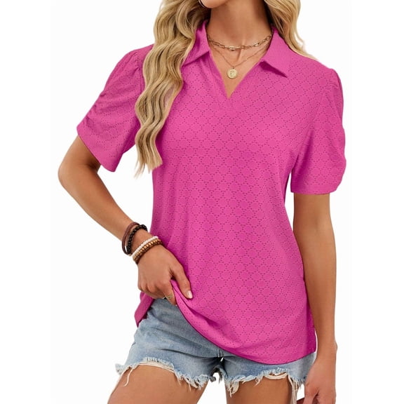 Women Summer-Tops V Neck T Shirts Puff Short Sleeve Lapel Collared Work Blouses Eyelet Tunics Rose Red XL