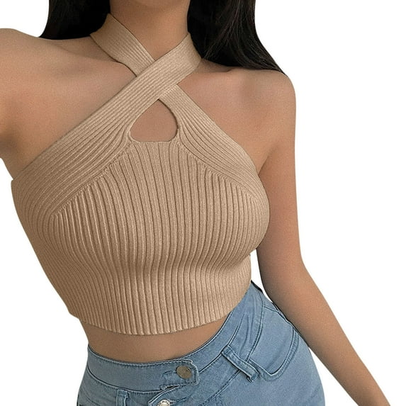 Women Summer Tops Vest Crop Top Women Tops Strappy Sexy Tank TopsFemale Knitted Off Shoulder Crop For Camisole with Support Bra Blank Workout Top Little Girl Casual And Shirts for Breathable Khaki
