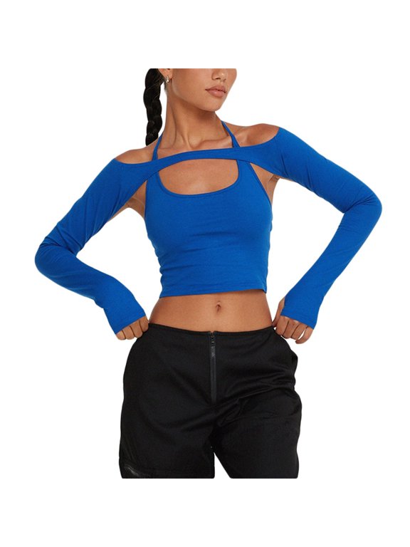 Women Summer Tops Vest Two Piece Fashion Off The Shoulder Suspender Jacket Compression Top Women with Bra Bra 30 Top Bohemian Girl Bodysuit Shirts Camisole with Lace Business Casual Blue M