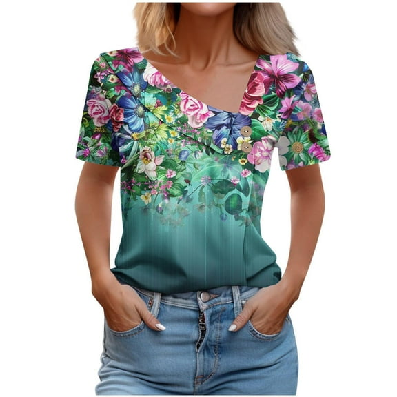 Women Summer Tops With Sleeves Tshirts Shirts Graphic Vintage V Neck Basic Tees Fitted Pack
