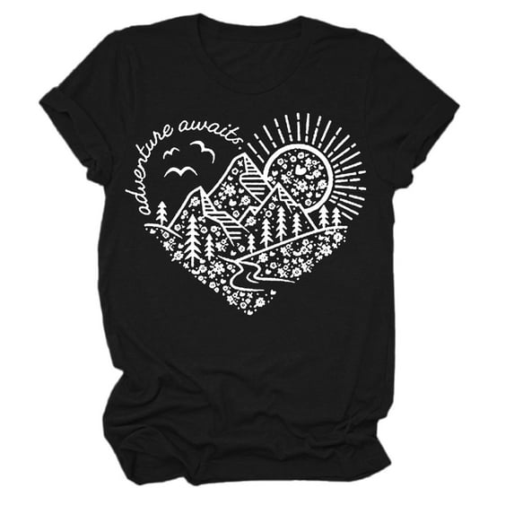 Women Summer Tops Women Adventure Awaits Outdoor Graphic Tee Shirt Kindness Heart Printed Hike Nature Travel Shirt Workout Tops Womens Short Short Sleeve Girl Long Sleeve T Tunic for Black XL