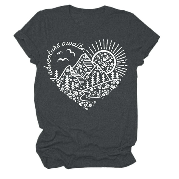 Women Summer Tops Women Adventure Awaits Outdoor Graphic Tee Shirt Kindness Heart Printed Hike Nature Travel Shirt Workout Tops Womens Short Short Sleeve Girl Long Sleeve T Tunic for Dark Gray 2XL