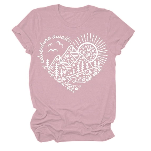 Women Summer Tops Women Adventure Awaits Outdoor Graphic Tee Shirt Kindness Heart Printed Hike Nature Travel Shirt Workout Tops Womens Short Short Sleeve Girl Long Sleeve T Tunic for Pink S