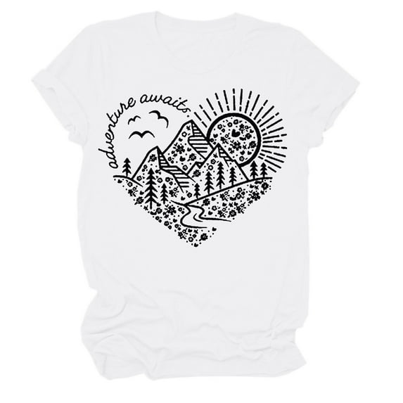 Women Summer Tops Women Adventure Awaits Outdoor Graphic Tee Shirt Kindness Heart Printed Hike Nature Travel Shirt Workout Tops Womens Short Short Sleeve Girl Long Sleeve T Tunic for White S