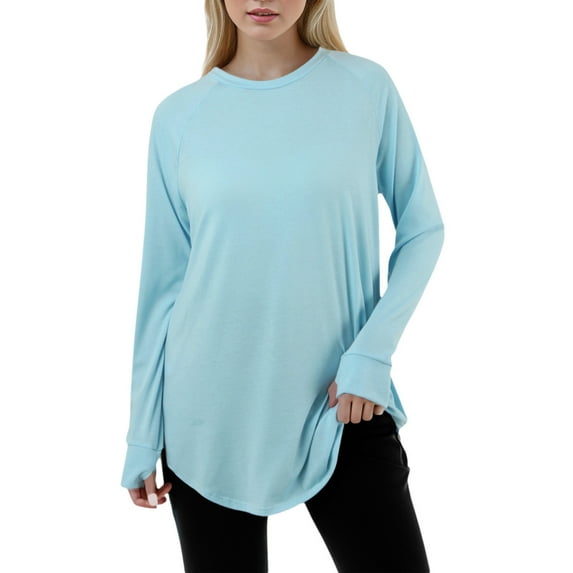 Women Summer Tops Women Casual Fashion Solid Color Loose Round Neck Long Sleeve Raglan Sleeve T Shirt Top Metallic Top Long Sleeves Camping Womens Exercise Tops Pajama Shirt Blouse Cute Blue L