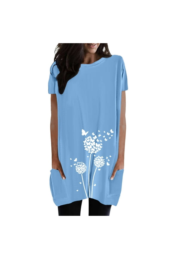 Women Summer Tops Women Casual Round Neck Solid Color Pocket Print Long TShirt Top Clothes for Wrap Pom Solid Womens Long Sleeve Work Tops And Blouses Work Shirts Short Sleeve V Neck Sky Blue S