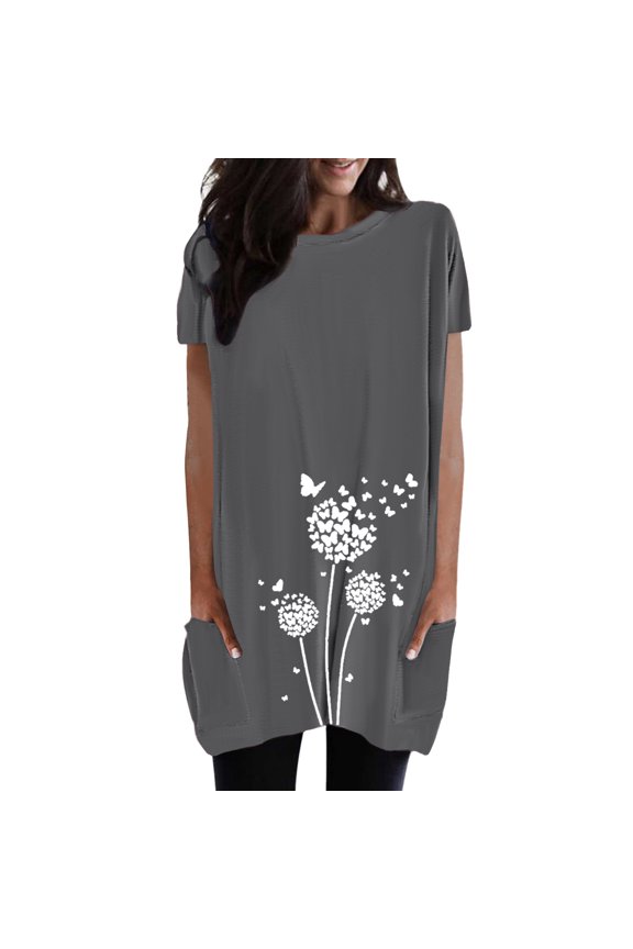 Women Summer Tops Women Casual Round Neck Solid Color Pocket Print Long TShirt Top Clothes for Wrap Pom Solid Womens Long Sleeve Work Tops And Blouses Work Shirts Short Sleeve V Neck Sky Dark Gray XL