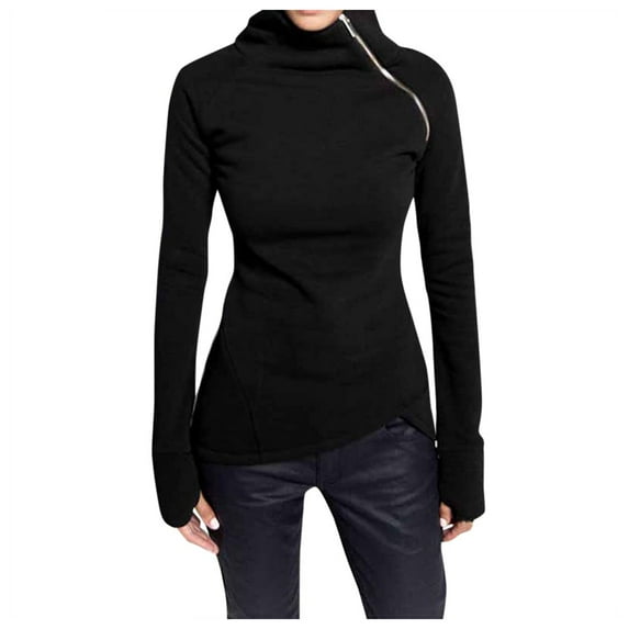 Women Summer Tops Women Casual Solid Blouse Long Sleeve Pullover Turtleneck Zipper Sweatshirt Tops Womens Warm Long Sleeve Neck Pajama Shirt Oversized Flannel Tunic Sports Tights Ladies Black 2XL