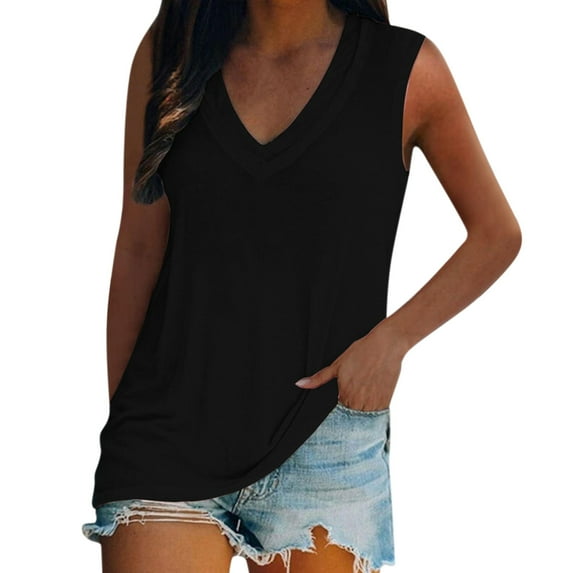 Women Summer Tops Women Casual V Neck Sleeveless Top Solid Color Vest Pullover Shirt Tank Outdoor Apparel Workout Crop Top Breathable Compression Camp 3x Busty 3xl Cropped Muscle Black XL