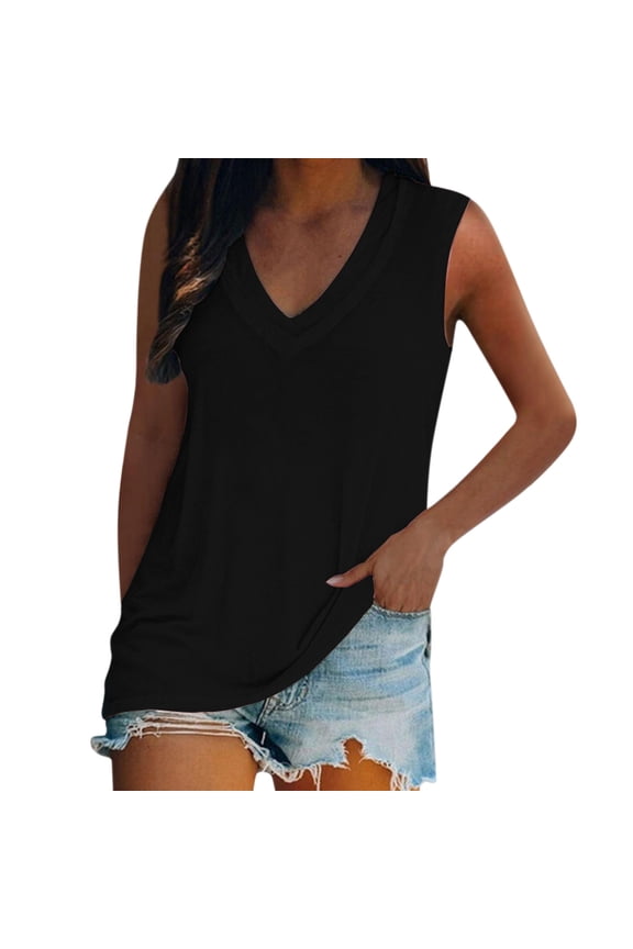 Women Summer Tops Women Casual V Neck Sleeveless Top Solid Color Vest Pullover Shirt Tank Outdoor Apparel Workout Crop Top Breathable Compression Camp 3x Busty 3xl Cropped Muscle Black L