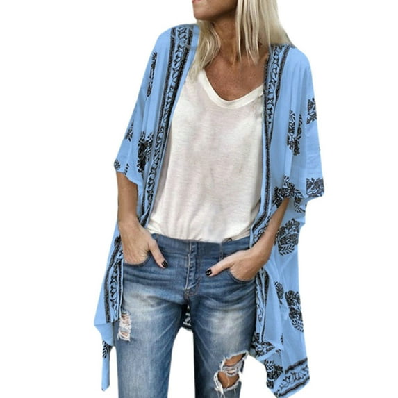 Women Summer Tops Women Fashion Boho Printed Sunscreen Half Sleeve Loose Sheer Chiffon Cardigan Womens Oversized Top Womens Short Sleeve Long Shirt Satin Button up Loose Shirt V Neck T Fall Blue L