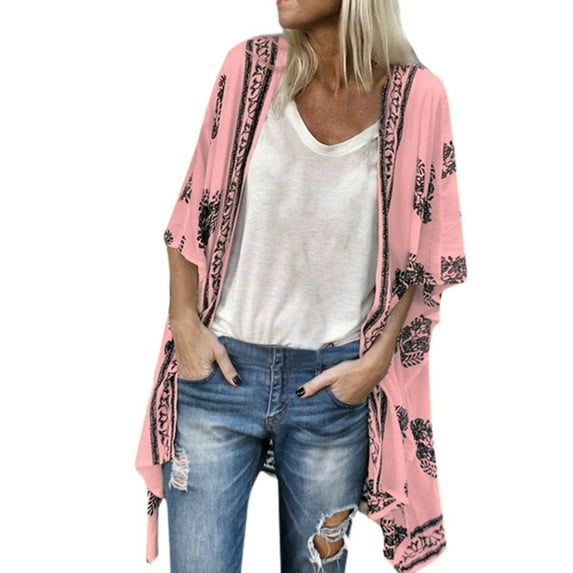 Women Summer Tops Women Fashion Boho Printed Sunscreen Half Sleeve Loose Sheer Chiffon Cardigan Womens Oversized Top Womens Short Sleeve Long Shirt Satin Button up Loose Shirt V Neck T Fall Pink 4XL