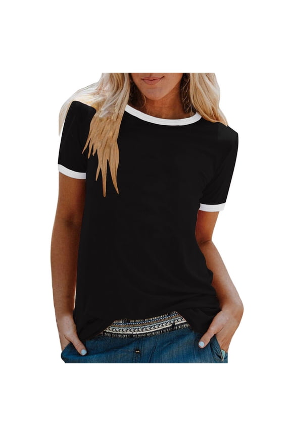 Women Summer Tops Women Fashion Casual Print O-Neck Loose Short Sleeve T-shirt Top Blouse Pullover Light Blouses Long Sleeve Athletic Shirt compatible with Macrame Blouse Womens Short Black XL