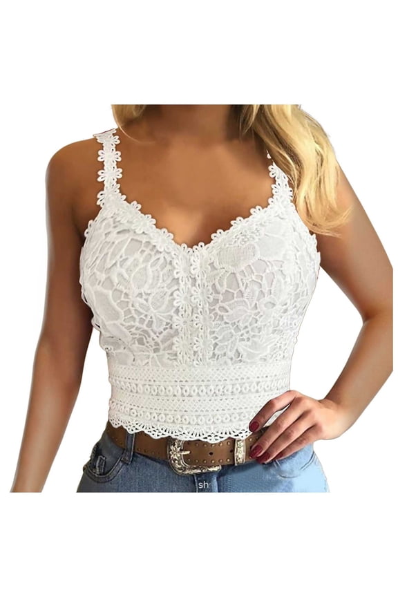 Women Summer Tops Women Fashion Lace Strap Splice V Neck Tank Vest Shirt Crop Top 6 Foam Denim Top Blouse for Cropped Workout Cut up Tops for Camisole Bras Camisole Bra30 Casual White S