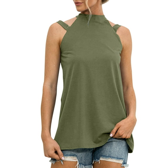 Women Summer Tops Women Fashion Loose Sleeveless O Neck Off The Shoulder Gallus Casual T Shirt Blouse Tops Workout Top Stocking Boy Line Top Womens Camisole High Cut Ladies Bra Camisoles Green M
