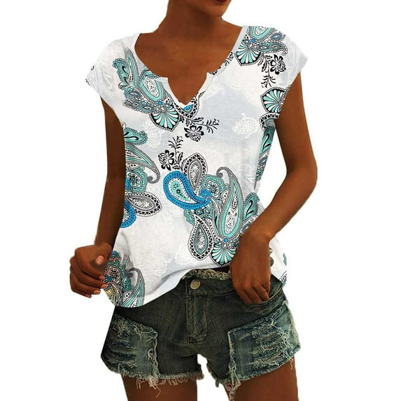 Women Summer Tops Women Fashion Print Comfort Casual V Neck T Shirt Loose Blouse Tops Spandex Shirt Swim T Exercise Sleeve Womens Dressy Sheer Sleeve Short Girl Long Sportswear White M