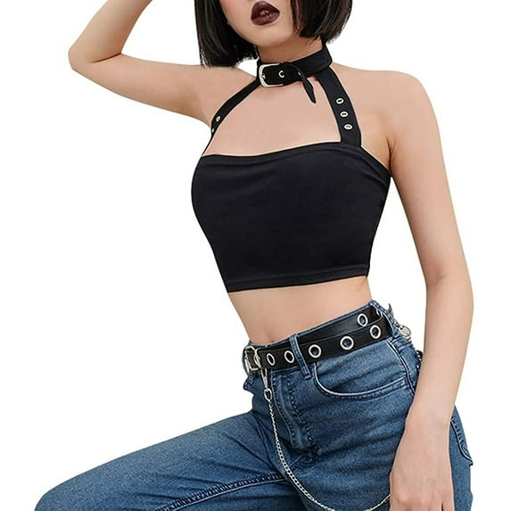 Women Summer Tops Women Fashion Sexy Casual Choker Buckle Neck Crop Bandeau Tops Daddy Top for Camisole Set Striped Top Camisole plus Size Long Buckle for Design Black M