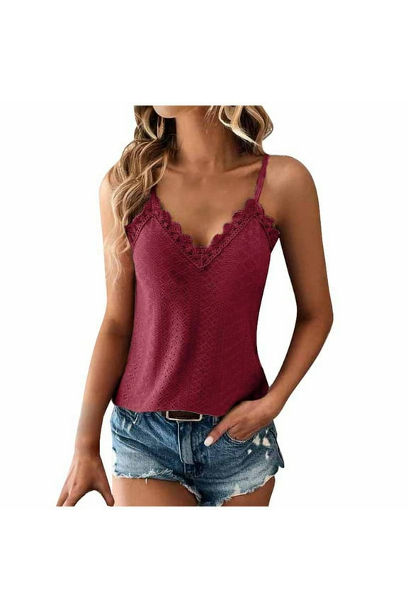 Women Summer Tops Women Fashion Sexy V Neck Lace Solid Color Small Vest Top Breastfeeding Warm Blouses Bodysuit Tight Top Cancer Tops for Feeding for Camisole Pack Boy Bulk Red 2XL