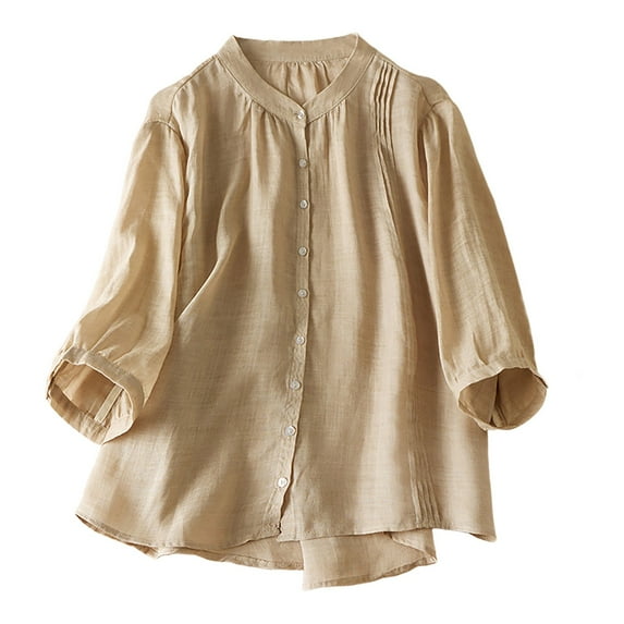 Women Summer Tops Women Fashion Solid Button Casual Round Neck Loose Accordion Pleated Shirt Top Top Shirt Long Sleeve Camisoles Flannel Ladies Winter Shirts Adult Sweater Dress 5 Tees for Beige 2XL