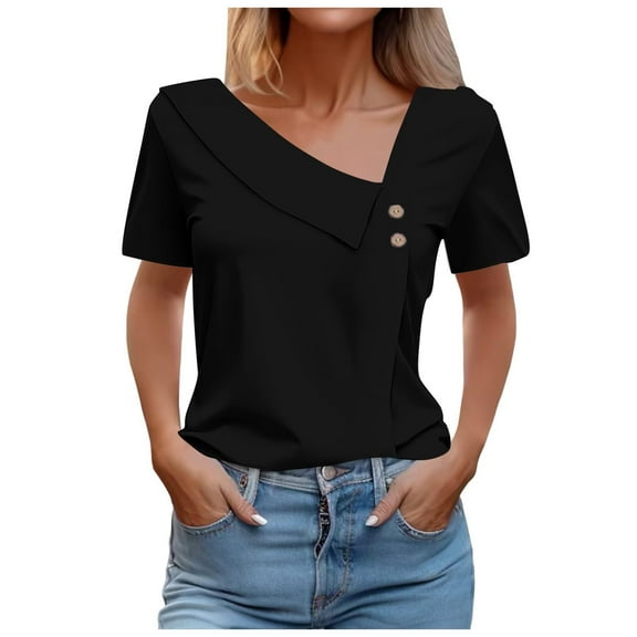 Women Summer Tops Women Fashion Solid Pullover V Neck Button Top Short Sleeve Loose T Shirt Girl Puff Sleeve Shirt S Long Tops Turtle Neck T Super Athletic Tees Blank Womens Black S