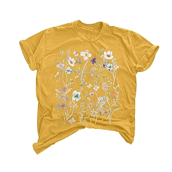 Women Summer Tops Women Floral Print Short T Crew Neck Short Sleeve T Shirt Top Scrub Top Stretch Fit Shirt Loose Blouse Sleeve V Neck Tee Blouse Extra Small Long Pack Color Size Pocket Yellow S
