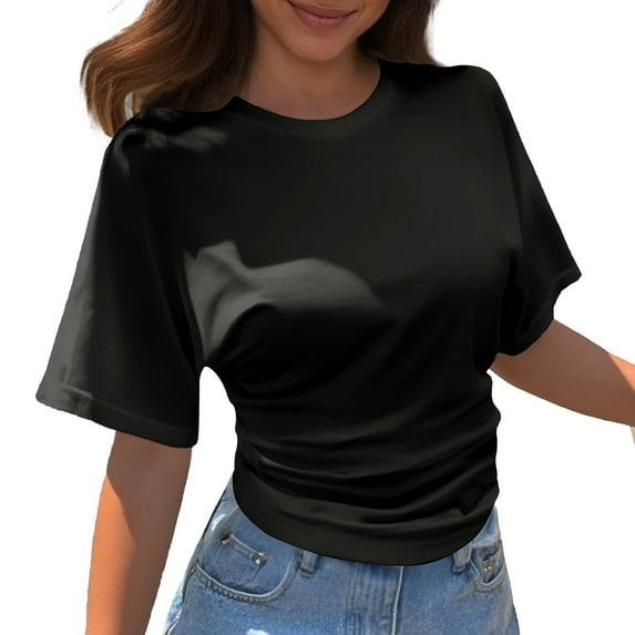 Women Summer Tops Women Korean Design Sense Round Neck Sleeve Short Sleeve T Shirt Women's New Summer All Matching Solid Color Loose Top Thick Shirts for Large Shirts Big T Athletic Swim Top Black S