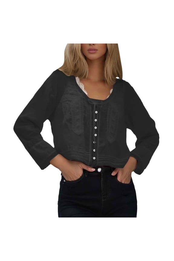 Women Summer Tops Women Lace Tie Front Top Long Sleeve Button Up Chiffon Cardigan Flowy Boho Peplum Shirt Going Out Tops Dress Blouse Long Sleeve Button down T Shirts Medium Soft Womens Black M