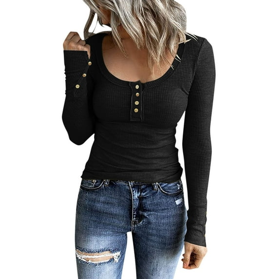 Women Summer Tops Women Long Sleeve T Shirts Button Down Slim Fit Tops Neck Ribbed Knit Shirts Ladies Stylish Womens Top Long Sleeve Workout Compression T Shirt 2x Shirt Womens Sleep Lace Black M