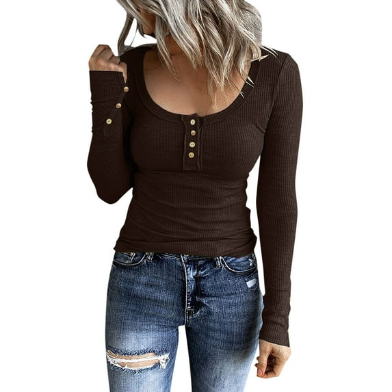 Women Summer Tops Women Long Sleeve T Shirts Button Down Slim Fit Tops Neck Ribbed Knit Shirts Ladies Stylish Womens Top Long Sleeve Workout Compression T Shirt 2x Shirt Womens Sleep Lace coffee L