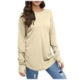 thumbnail image 1 of Women Summer Tops Women Long Sleeve Top Round Neck Basic Solid Color TShirt Shirt Thumbhole Tunic Long Sleeve Wrap Shirt Tech Dressy Tops for Leggings Fashion Top Teen Girl Thin Tee Shirts Beige 2XL, 1 of 5