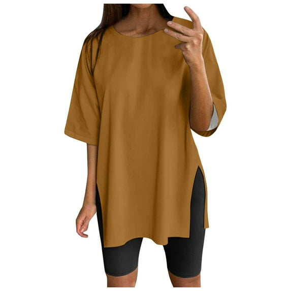 Women Summer Tops Women Oversize Sports Shirt Short Sleeve Blouses Summer Loose Tops Functional Shirt Tunic Loose With Slits Womens Long Sleep Top Long Sleeve Blouses for Running Top Full Brown XL
