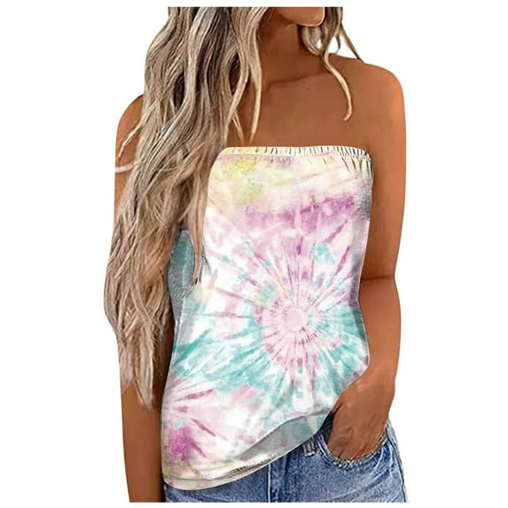 Women Summer Tops Women Print Strapless Bandeau Tank Casual Sleeveless Summer Vacation Loose Holiday Top Shirt Blouse Tanks Top Cheer Workout Shirts Bra in Tops for Clothes for Cardigan Set Beige S