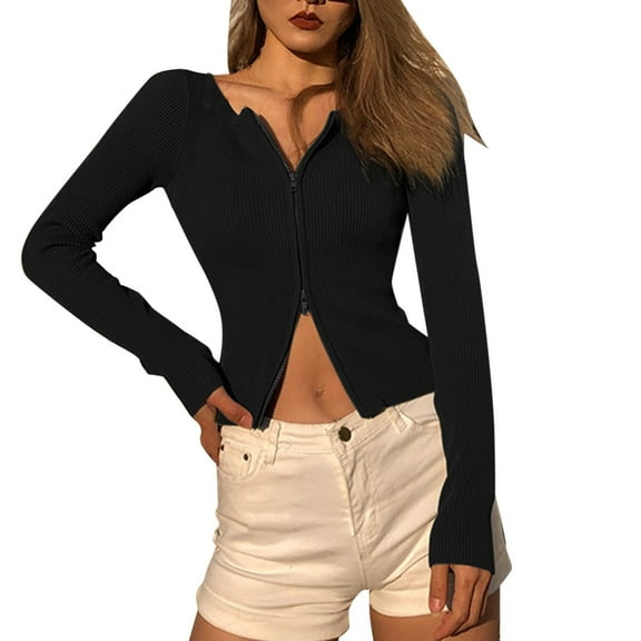 Women Summer Tops Women'S Autumn And Winter Solid Color Round Neck Double Headed Zipper Knit Cardigan Long Sleeved Bottoming Tops Athletic Fit Long Sleeve Shirts Ladies Shirts for Leggings Black S