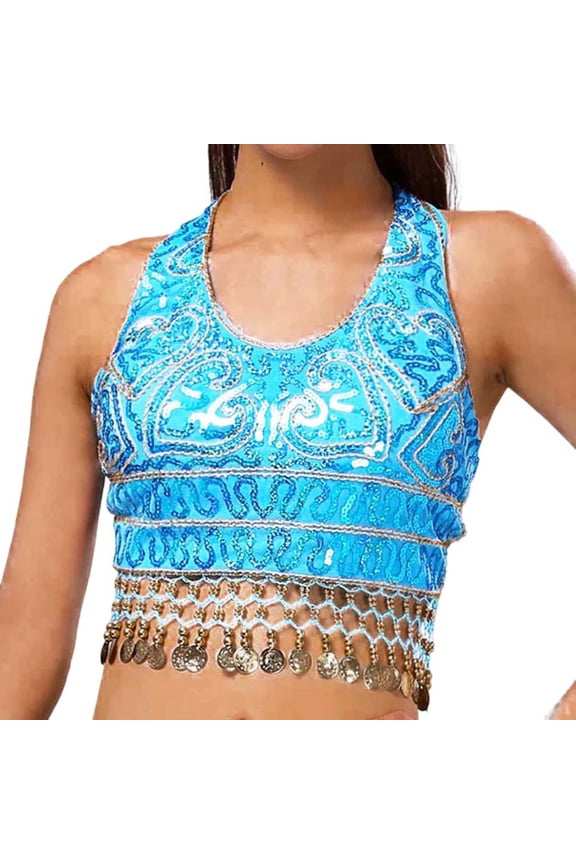 Women Summer Tops Women Sequin Crop Top Belly Dance Bra Top Talter Tank Sequin Tassel Adult Tops Girls Winter Clothes Size 6 Cute Crop Build Bra Camisole Cropped Fitted Camisoles Girls Out Blue One