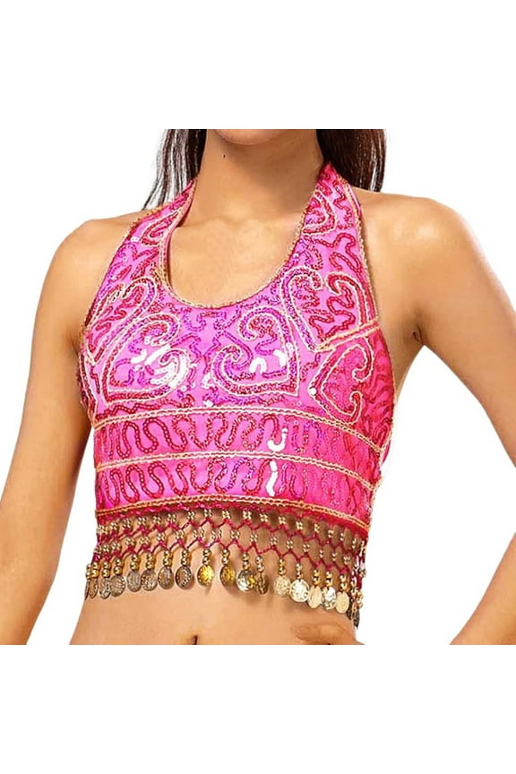 Women Summer Tops Women Sequin Crop Top Belly Dance Bra Top Talter Tank Sequin Tassel Adult Tops Girls Winter Clothes Size 6 Cute Crop Build Bra Camisole Cropped Fitted Camisoles Girls Out Hot Pink