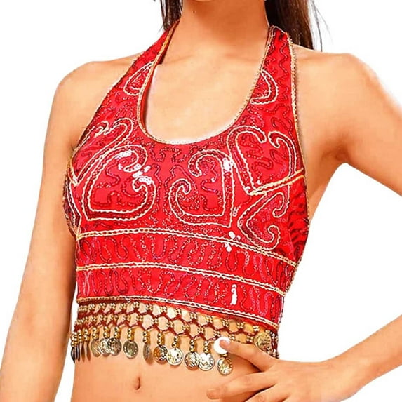 Women Summer Tops Women Sequin Crop Top Belly Dance Bra Top Talter Tank Sequin Tassel Crop Workout Shirts for Body Shape plus Size Clear Strap Blank Tops for Printing Stretchy Red One Size