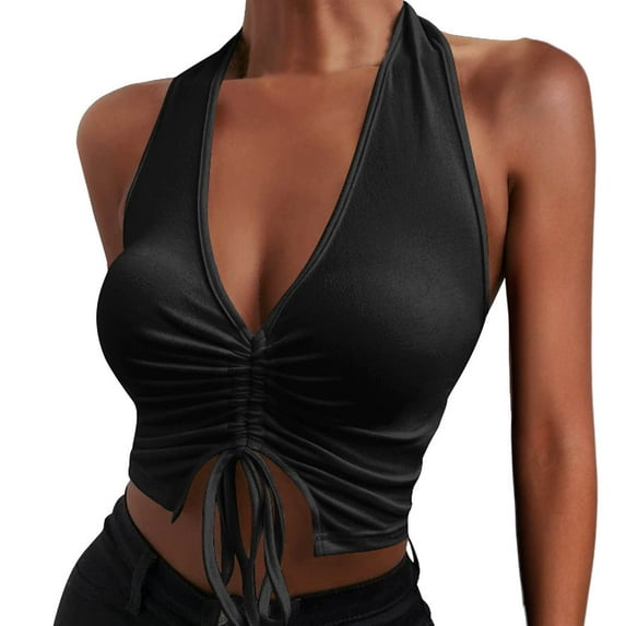 Women Summer Tops Women Sexy Backless Top V Neck Solid Color Drawstring Pleated Cropped Top Sleeveless Tank Boy Crop Fitted Cute Form Fitting Womens Shirts Colla Button up Tops for Camisole Black S