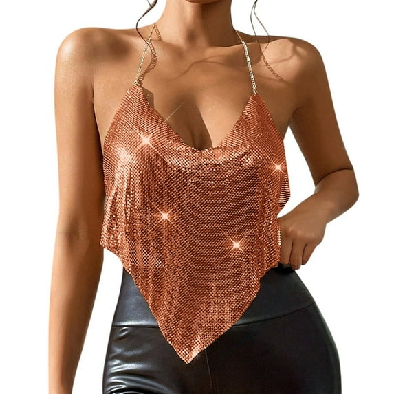 Women Summer Tops Women Sexy Nightclub Party Performance Neck Suspender Backless Sexy Top Corset Top Camisole Pack Little Sequin Indoor Crop Tops Exercise Clothes Teen Girls Undershirt Coffee M