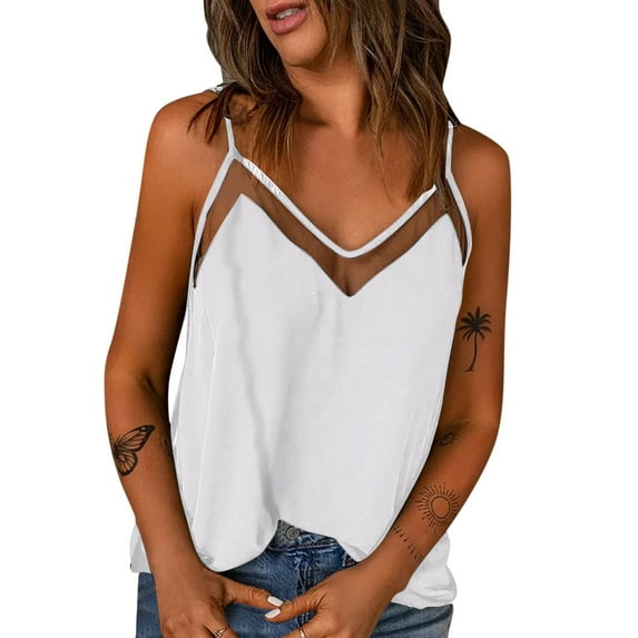 Women Summer Tops Women Sexy Solid Color Suspenders Sleeveless Vest Mesh Stitching Loose Tank Blouse Top Cute Cropped Tops Outdoor Foam Little Girl Chiffon Girls Fuzzy Bra Camisoles for White S