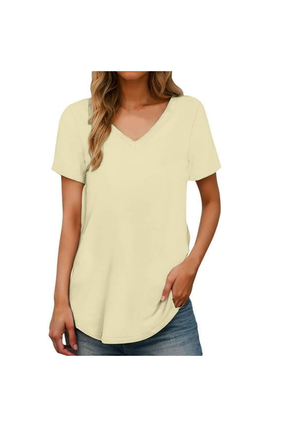 Women Summer Tops Women Shirt Short Sleeve Casual Stylish Top Shirts Lightweight Long Sleeve T Shirts Juniors Tee plus Size Summer Short Womens V Neck T Shirt Top with Loose Fashion Tops Light Yellow