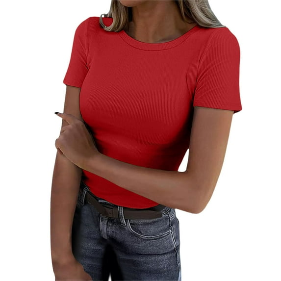 Women Summer Tops Women Short Sleeve Tops Crewneck Rib Knit Slim Fit Shirts Basic Tee 2025 Summer Casual T Shirt Trendy Clothes Floral Print Long Sleeve Blouse Soft Long Shirt Casual for Red M