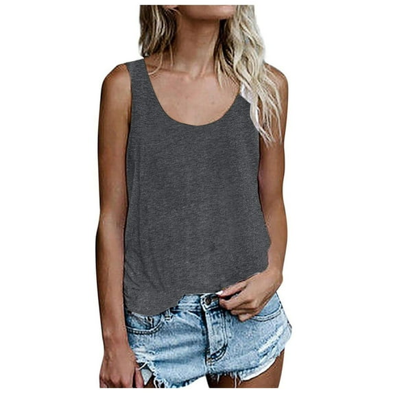 Women Summer Tops Women Sleeveless Summer Casual Tops O Neck Solid Color Casual Shirts Loose Fit Blouse Women's Shirts Sleeveless Tunic Loose Fit Tank Top Dresses for Clothes Woman Denim Dark Gray L