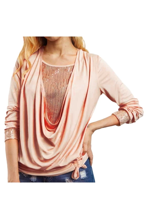 Women Summer Tops Women Solid Sequined Long Sleeve Loose Smocked Two Piece Top Ladies Long Sleeve Shirt Maternity Short Ladies Flannel Shirts Exercise Tops for Tunic for Pink 5XL