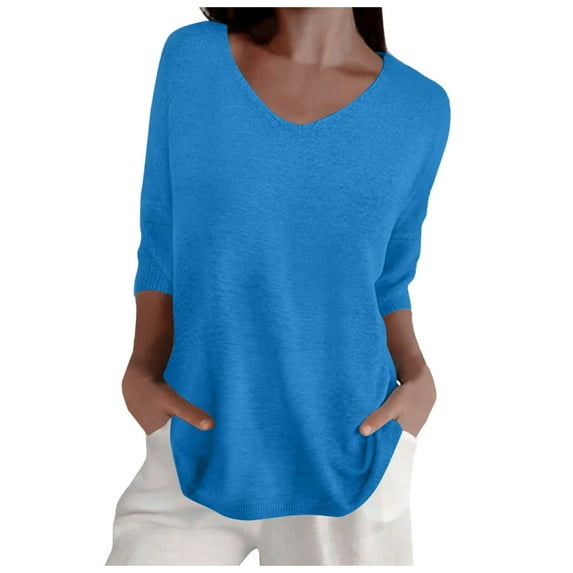Women Summer Tops Women Spring Casual 3/ 4 Sleeve Solid Color V Neck Loose Pullover Knit Fall Sweaters Tops for Casual Fall Summer Clothes Shirts for Work Large Ladies Blouses Baseball Blue 2XL