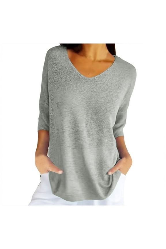 Women Summer Tops Women Spring Casual 3/ 4 Sleeve Solid Color V Neck Loose Pullover Knit Fall Sweaters Tops Short Sleeve Dressy Womens Summer Shirts Blouses Ladies T Shirts Cool Neck Scrub Grey S