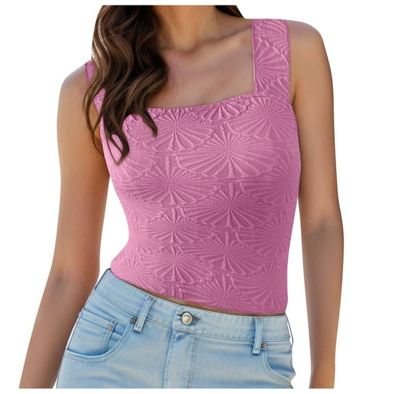 Women Summer Tops Women Square Neck Wide Straps Crop Tank Tops Flower Lettuce Trim Crop Vest Slim Fitted Sleeveless Cropped Top Creme Color Top 2xl Designed for Camisole with Bra Shelf Hot Pink XS