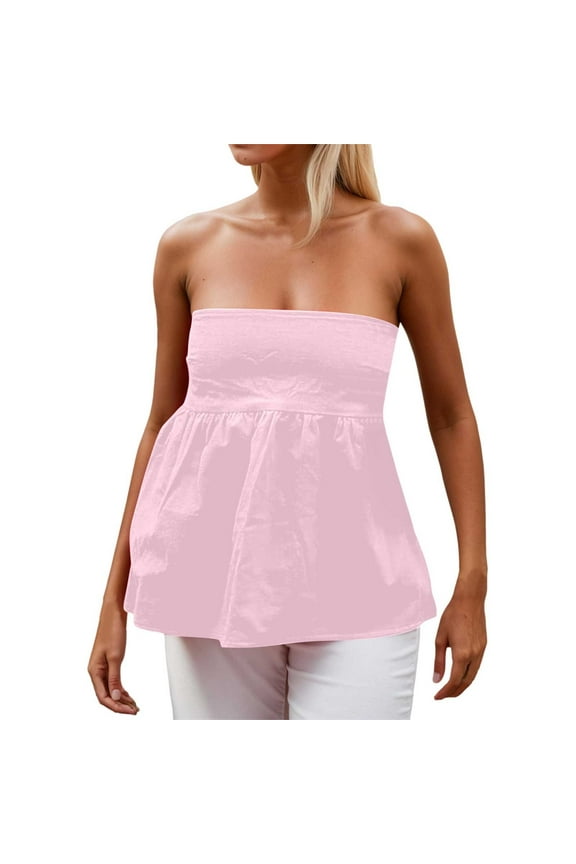 Women Summer Tops Women Strapless Backless Ruffle Flowy Tube Top Summer Sexy Off Shoulder Pleated Bandeau Going Out Peplum Top Crop Tops Champagne Sequin Crop Workout for Cute Pink M
