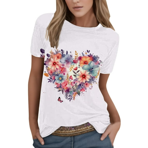 Women Summer Tops Women Summer Casual Fashion Round Neck Short Sleeve Flower Print TShirt Top Ladies Tops 5x Shirts And Fashion Lady Pullover Top Workout Tee Womens plus Size Athletic Tees Pink M
